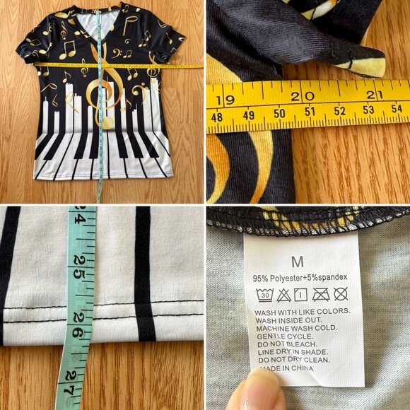 Womens Piano Keys Music Notes Graphic Tee Size M Black Gold V Neck Shirt Singer - Picture 5 of 8